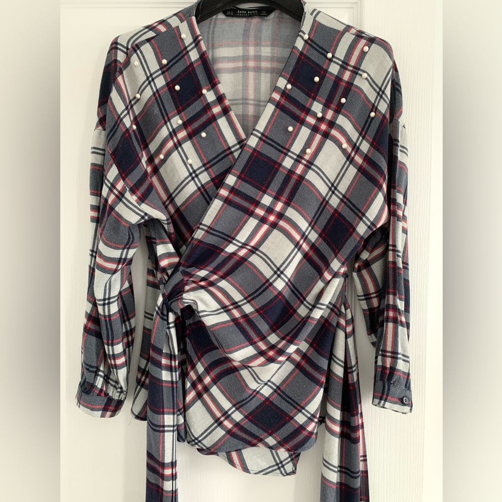 ZARA Plaid Wrap Top with Pearl Studs in Navy, Gray & Red